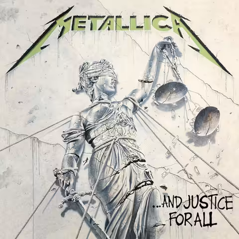 Front cover of Metallica's 1988 album ...And Justice for All, Stephen Gorman's painted illustration of a blindfolded Lady Justice, bound and tilting under ropes, scales overflowing with dollar bills, with the album title and Metallica logo in graffiti-style white type.
