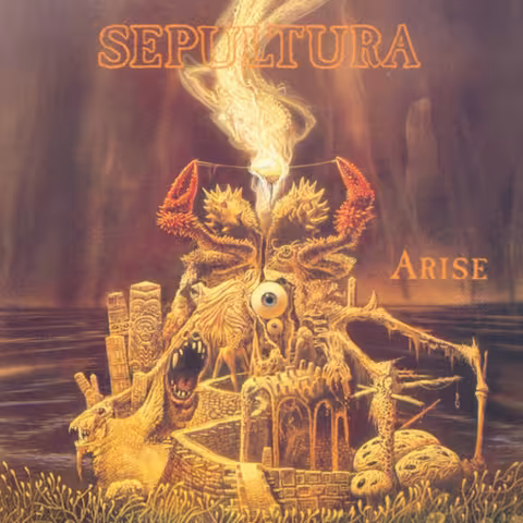 Michael Whelan's cover painting for Sepultura's Arise, a crab-like apocalyptic beast clutching a smoking human brain against a barren sky.