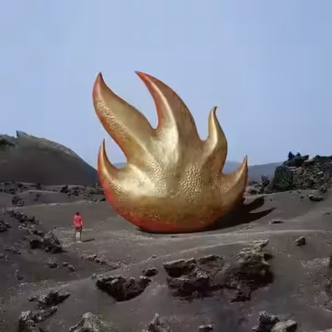 Front cover of Audioslave showing Storm Thorgerson's eternal flame sculpture on the volcanic landscape of Lanzarote.