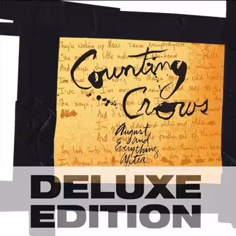 Front cover of August and Everything After by Counting Crows, showing handwritten lyrics on a yellow background designed by Larry Vigon.