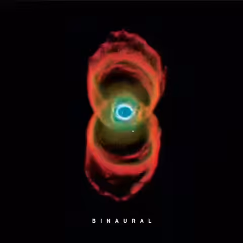 Front cover of Binaural by Pearl Jam, a NASA Hubble image of the Hourglass Nebula above the album title in white.