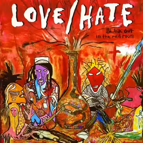 Front cover of Love/Hate's 1990 debut album Blackout in the Red Room on Columbia Records, featuring the band's red-on-black logo.