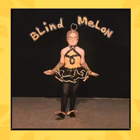 Front cover of Blind Melon's 1992 self-titled debut, a 1976 family snapshot of drummer Glen Graham's little sister Georgia in a homemade bee costume at a Mississippi school dance recital.