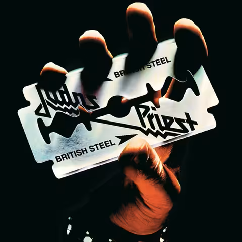Cover artwork for Judas Priest British Steel 1980 sixth studio album with razor blade clutched by a hand