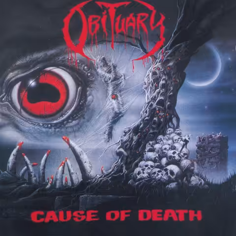 Front cover of Obituary's Cause of Death featuring Michael Whelan's painting Lovecraft's Nightmare A, a hooded skeletal figure in a swamp under a green sky.