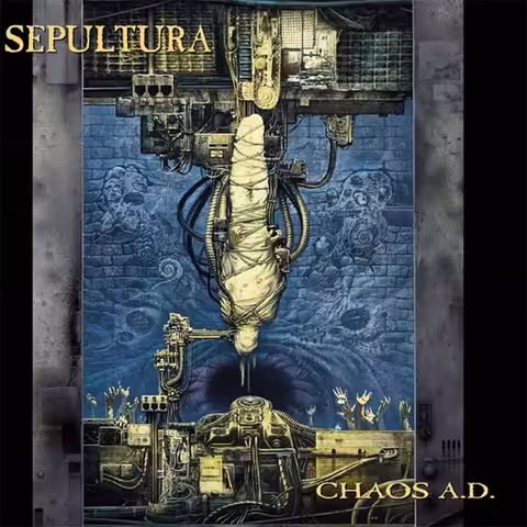 Front cover of Chaos A.D. by Sepultura showing Michael Whelan's painting Cacophony, a shrouded figure suspended upside-down above a many-armed machine.
