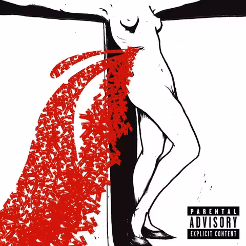 Front cover of Coral Fang by The Distillers, showing Tim Presley's woodcut-style painting of a robed, multi-armed female figure with razor blades for hands.