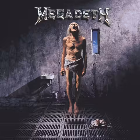 Cover art for Countdown to Extinction by Megadeth, the band's fifth studio album released by Capitol Records in July 1992 with sleeve design by Hugh Syme