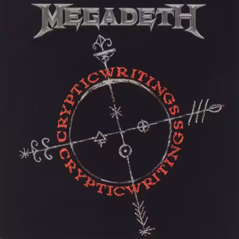 Front cover of the 2004 expanded-edition remaster of Megadeth's Cryptic Writings, showing the black-background sleeve with the white voodoo veve symbol and the band logo above the album title.