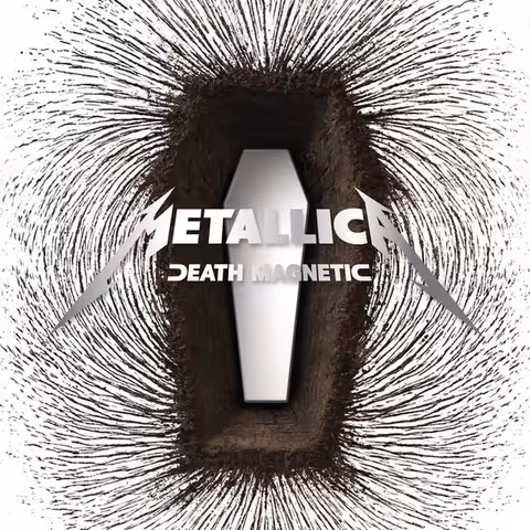 Front cover of Death Magnetic by Metallica showing a coffin-shaped die-cut and magnetic field rings on a stark white background