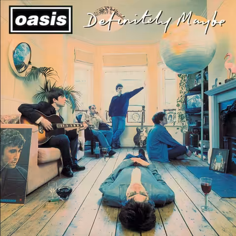 Front cover of Oasis's 1994 debut album Definitely Maybe, shot by Michael Spencer Jones in Bonehead's Didsbury lounge.