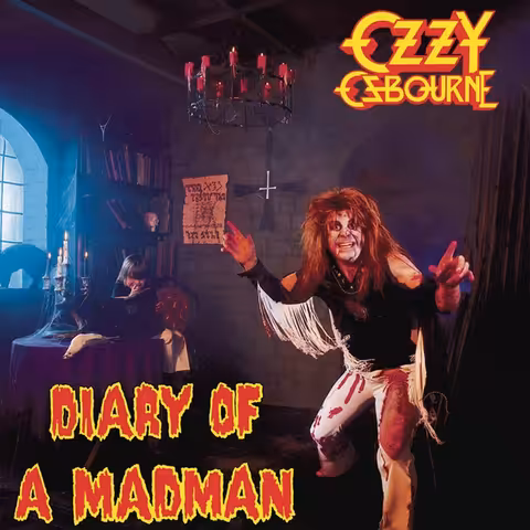 Front cover of the Diary of a Madman 40th anniversary expanded edition reissue by Ozzy Osbourne, featuring the iconic theatrical make-up portrait of Ozzy with his young son Louis.