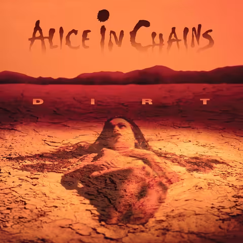 Front cover of the 2022 30th anniversary remaster of Dirt by Alice In Chains, showing a nude woman half-buried in cracked desert ground.