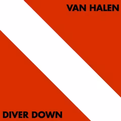 Front cover of Van Halen's 1982 album Diver Down, the red-and-white diver-down warning flag with a diagonal white slash, the band name in the top corner and the album title in the bottom corner.