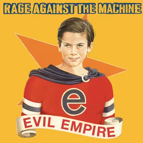 Front cover of Evil Empire by Rage Against the Machine, showing Mel Ramos's altered Crimebuster painting of a smiling child in a star-emblazoned superhero costume.