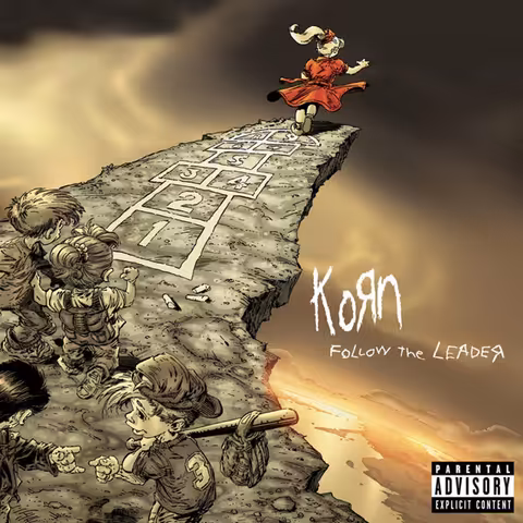 Cover of Korn's Follow the Leader, a 1998 Immortal/Epic release with artwork by Todd McFarlane, Greg Capullo and Brian Haberlin showing a child hopscotching towards a cliff.