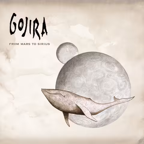 Front cover of From Mars to Sirius: a pencil drawn whale covered in spiral markings floating in front of a large grey planet on aged parchment.