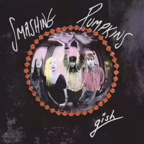 Front cover of Gish by The Smashing Pumpkins: a fish-eye lens photo of the four band members ringed by red beads, with the band name in silver script, the 1991 Caroline Records debut produced by Butch Vig at Smart Studios.