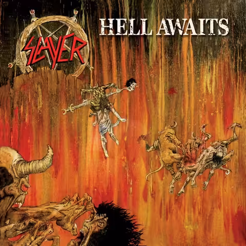 Cover painting of Slayer's Hell Awaits, Albert Cuellar's hellscape of skeletal demonic creatures fighting against a fiery red and orange sky