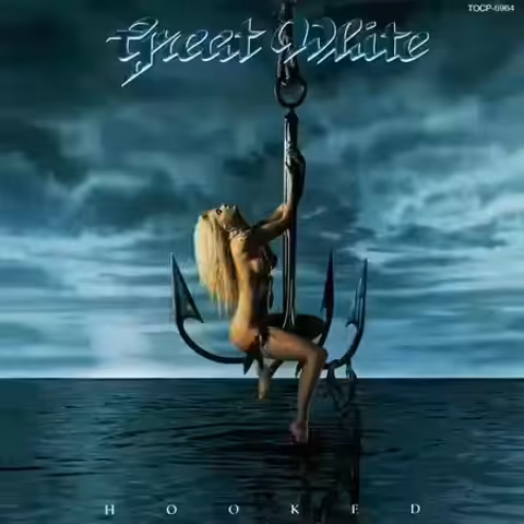 Original cover of Hooked showing a nude blonde model suspended on a giant steel hook above a calm sea under a stormy teal sky, with the Great White logo above and the album title below.