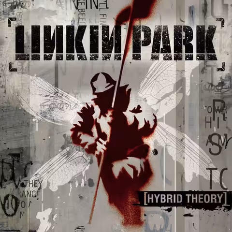 Front cover of Hybrid Theory: a red spray-stencilled soldier carrying a long pole, backed by large translucent dragonfly wings, against a grey distressed collage of fragmented lettering, with LINKIN PARK in black stencil capitals across the top and [HYBRID THEORY] bracketed at the lower right.