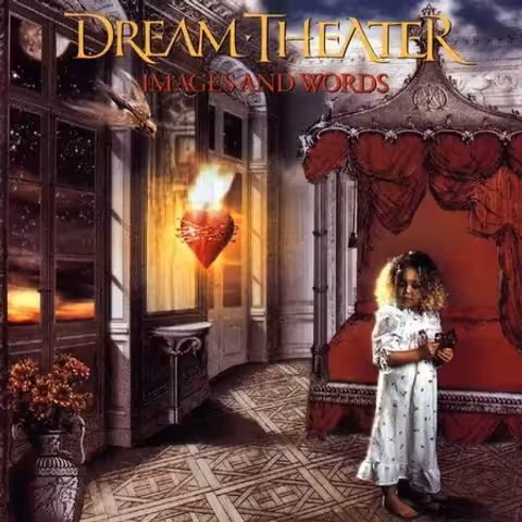 Front cover of Dream Theater's Images and Words, Larry Freemantle's surreal blue-and-cream collage of clocks, eyes and architectural fragments arranged around the album title.