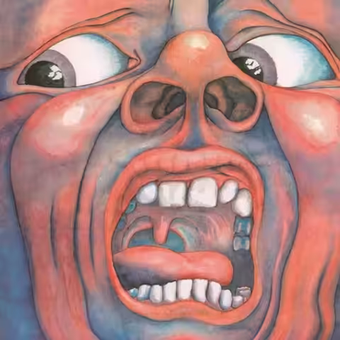 Front cover of In the Court of the Crimson King by King Crimson, Barry Godber's painting of a screaming face the artist modelled on his own reflection in a mirror.