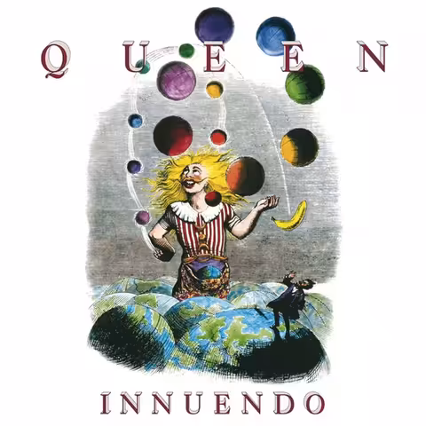 Front cover of the 2011 deluxe edition remaster of Queen's Innuendo, showing the Grandville-derived illustration of figures in 19th century costume against a colourised surreal landscape, with the Queen logo and album title set above the artwork.