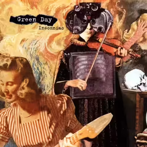 Front cover of Insomniac by Green Day, featuring Winston Smith's collage God Told Me to Skin You Alive.