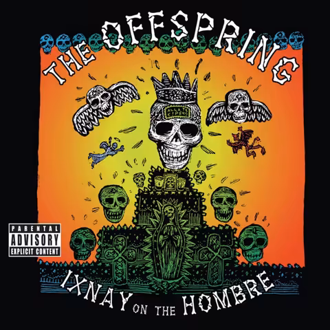 Cover of The Offspring's 1997 album Ixnay on the Hombre, with Enrique Chagoya's skeletal cartoon illustration on a pink background.
