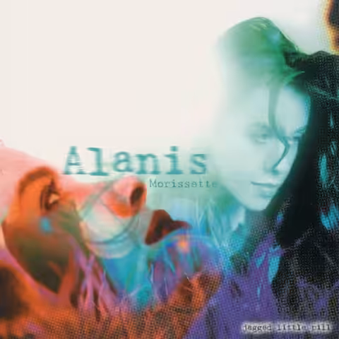 Album cover of Alanis Morissette's 1995 album Jagged Little Pill, showing the singer's face in shifting shades of red, green and blue.