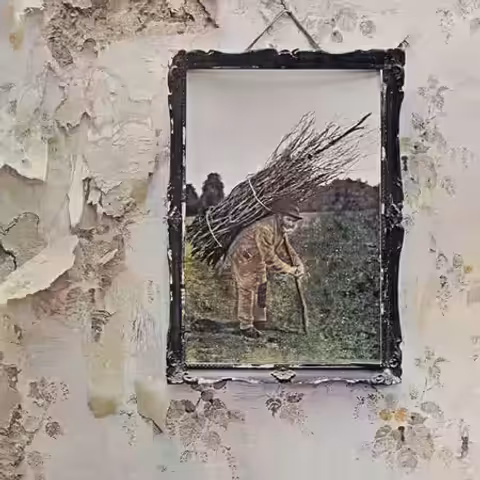 Front cover of Led Zeppelin IV showing the hand-coloured 1892 photograph of Wiltshire thatcher Lot Long carrying a bundle of sticks, mounted on a partly demolished house wall.