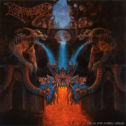 Front cover of Dismember's Like an Ever Flowing Stream, with Dan Seagrave's painted scene of a hidden subterranean cavern dominated by a vast skeletal arch under green-grey sky and the band logo in dripping red.