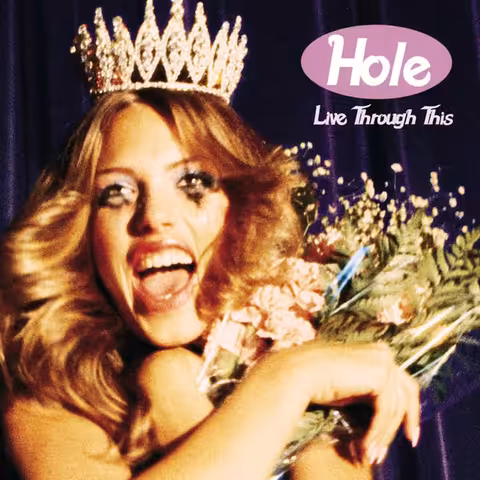 Cover of Live Through This showing model Leilani Bishop as a tearful beauty-pageant winner in a tiara, with smeared mascara and a bouquet, photographed by Ellen von Unwerth.