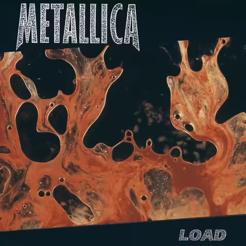 Front cover of Metallica's 1996 album Load, featuring Andres Serrano's photograph 'Semen and Blood III', red and creamy white tones swirling against a mottled black background with the word LOAD set in small white type at the lower right.