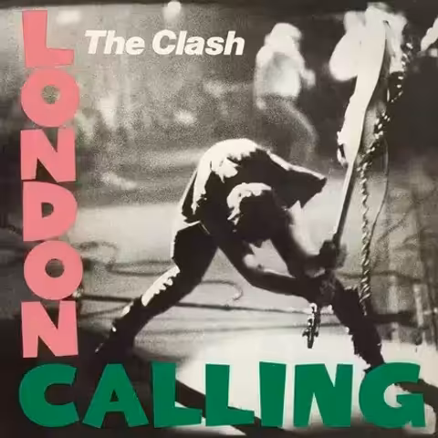 Front cover of London Calling by The Clash, with Pennie Smith photograph of Paul Simonon smashing his Fender Precision Bass at the New York Palladium and Ray Lowry pink-and-green Elvis Presley logotype.
