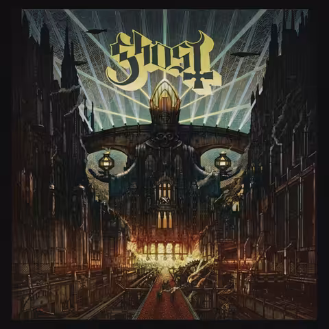 Front cover of Meliora by Ghost, designed by Zbigniew M. Bielak, showing a futuristic dystopian cityscape rendered in muted greys and gold.