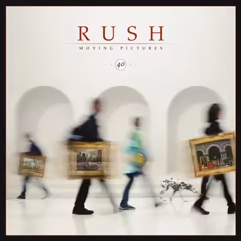 Front cover of Moving Pictures by Rush: movers in overalls carrying framed paintings past the Ontario Legislative Building in Toronto.
