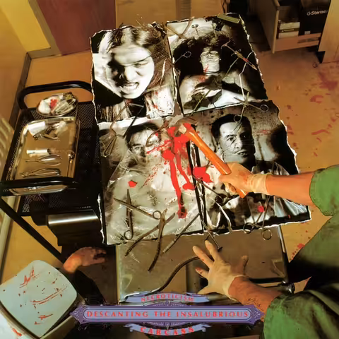 Front cover of Necroticism – Descanting the Insalubrious by Carcass, the band's third album released by Earache Records in 1991.