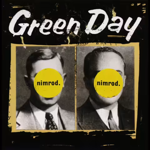 Front cover of Nimrod by Green Day, with two suited men whose faces are obscured by yellow circles reading "nimrod." against a grainy black background.
