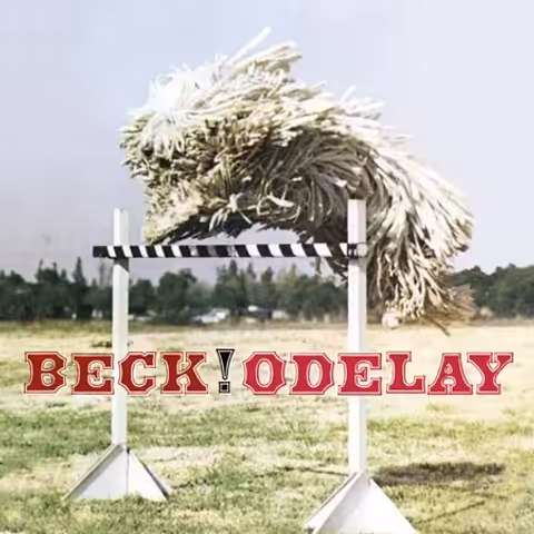 Front cover of Odelay by Beck, showing canine photographer Joan Ludwig's 1977 photograph of a Komondor dog leaping a hurdle, used by Beck and designer Robert Fisher for the album sleeve.