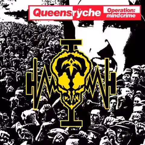 Front cover of Operation: Mindcrime by Queensryche, the stark monochrome sleeve framing the album title in a clinical, hospital-chart typeface.