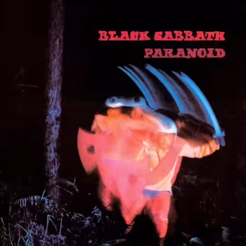 Paranoid by Black Sabbath album cover, the helmeted swordsman shot by Keith Macmillan in Black Park.