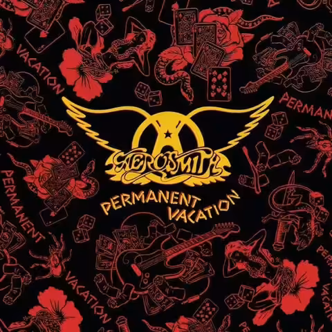Front cover of Aerosmith's 1987 album Permanent Vacation, showing the band's winged logo above stylised palm trees and tropical iconography.