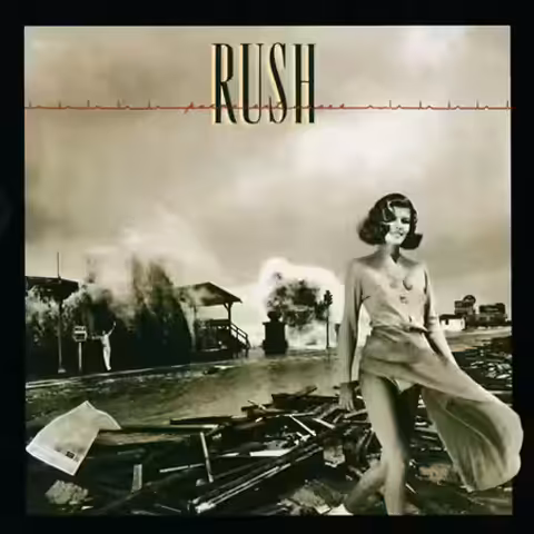 Front cover of Permanent Waves by Rush, designed by Hugh Syme, showing a model in a yellow dress against a Galveston seawall battered by Hurricane Carla.