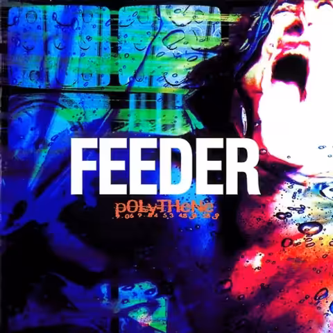Front cover of Feeder's 1997 debut album Polythene, a saturated photographic image of a child in a plastic raincoat behind a sheet of distorted polythene plastic, with the band name and album title set in plain white sans-serif lettering at the top.