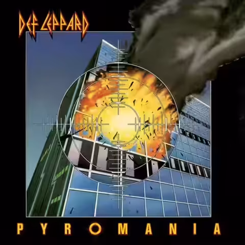 Front cover of Pyromania by Def Leppard, Bernard Gudynas's illustration of a rifle target trained on a high-rise building with flames bursting from a window.