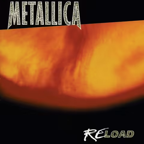 Front cover of Metallica's 1997 album ReLoad, Andres Serrano's photograph titled Piss and Blood, a red-tinged amber landscape with a central swirl, created from a mixture of cow blood and the artist's own urine, with the streamlined alternative-era Metallica logo across the top and ReLoad across the bottom.