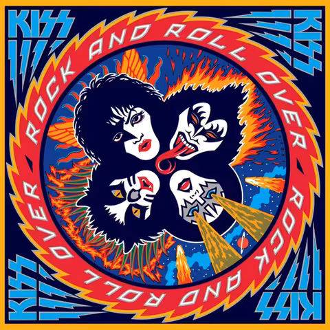 Michael Doret's cover for Rock and Roll Over: a circular yellow and red graphic with the four Kiss faces arranged around a central kiss-print mouth, framed by a chrome-style border.