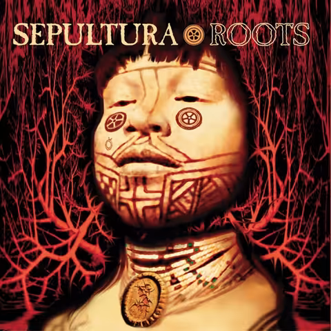 Front cover of Sepultura's Roots, with Michael Whelan's red-rooted treatment of a Karaja tribesman bust taken from a 1990 Brazilian cruzeiro banknote.